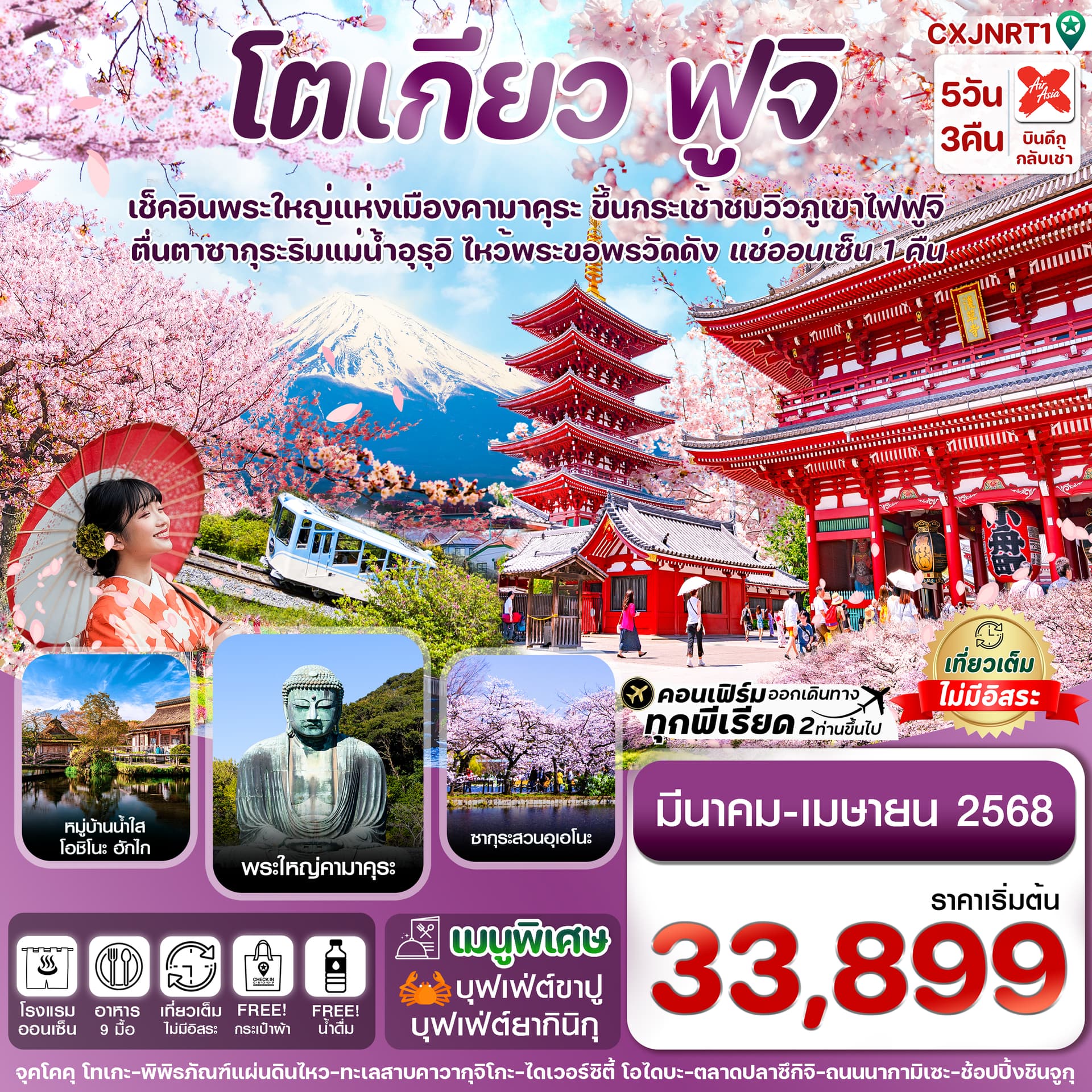 โตเกียว ฟูจิ ซากรุะ เที่ยวเต็ม ไม่มีอิสระ 5วัน 3คืน