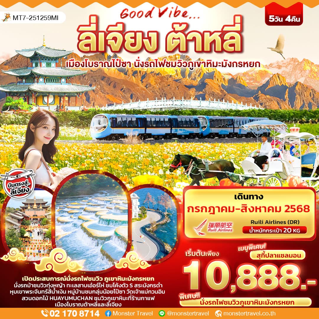 ลี่เจียง ต้าหลี่ เมืองโบราณไป๋ซา นั่งรถไฟชมวิวภูเขาหิมะมังกรหยก 5วัน 4คืน