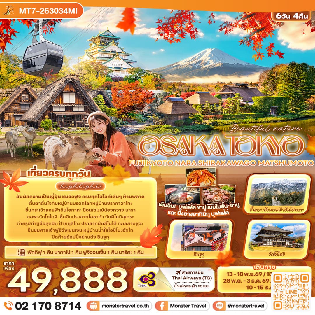 monster travel Beautiful nature... OSAKA TOKYO FUJI KYOTO NARA SHIRAKAWAGO MATSHUMOTO 6 วัน 4 คืน