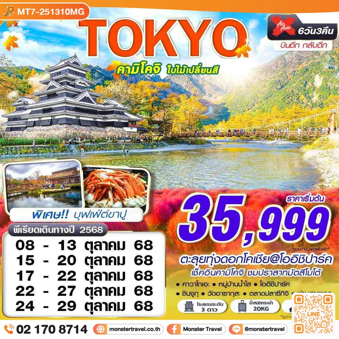 monster travel TOKYO คามิโคจิ ใบไม้เปลี่ยนสี (บินดึกกลับดึก เที่ยวเต็ม) 6วัน 3คืน