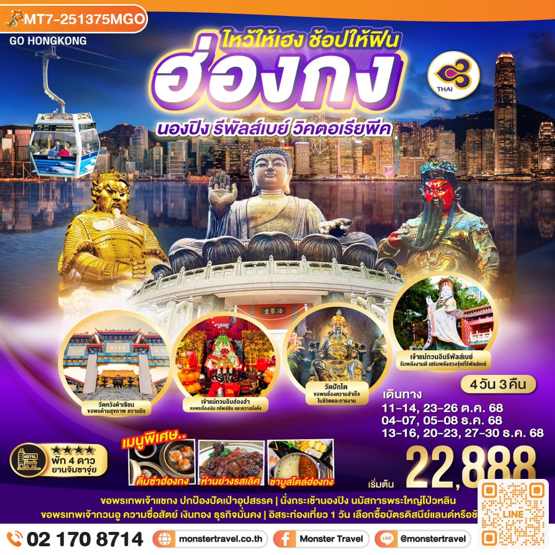 monster travel ไหว้ให้เฮง ช้อปให้ฟิน ฮ่องกง นองปิง รีพัลส์เบย์ วิคตอเรียพีค 4 วัน 3 คืน โดยสายการบิน Thai Airways (TG)