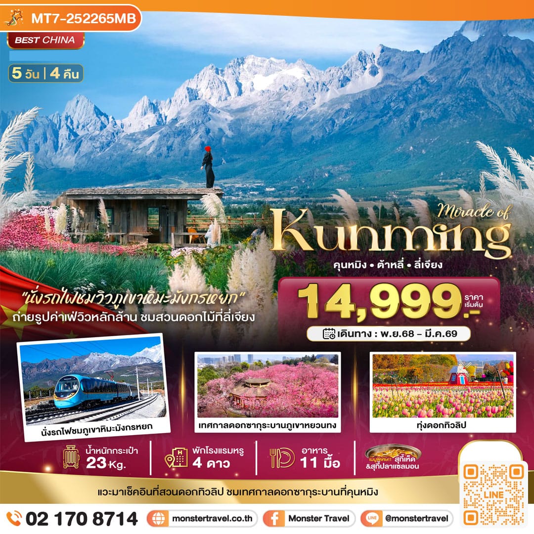 monster travel มหัศจรรย์...คุนหมิง ทะเลสาบต้าหลี่ สวนดอกไม้ลี่เจียง นั่งรถไฟชมวิวภูเขาหิมะมังกรหยก 5 วัน 4 คืน