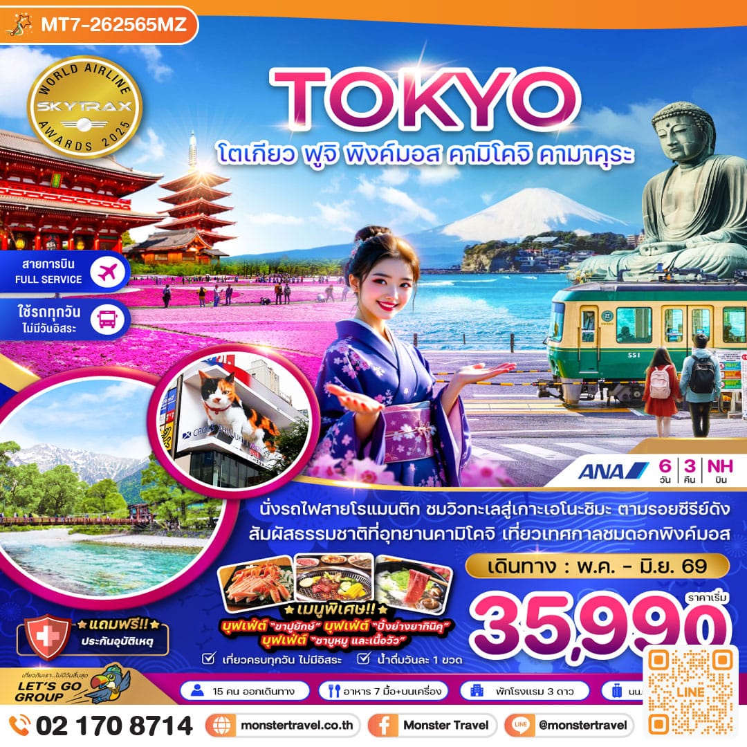 monster travel โตเกียว ฟูจิ พิงค์มอส คามิโคจิ คามาคุระ (เที่ยวครบทุกวัน) 6 วัน 3 คืน